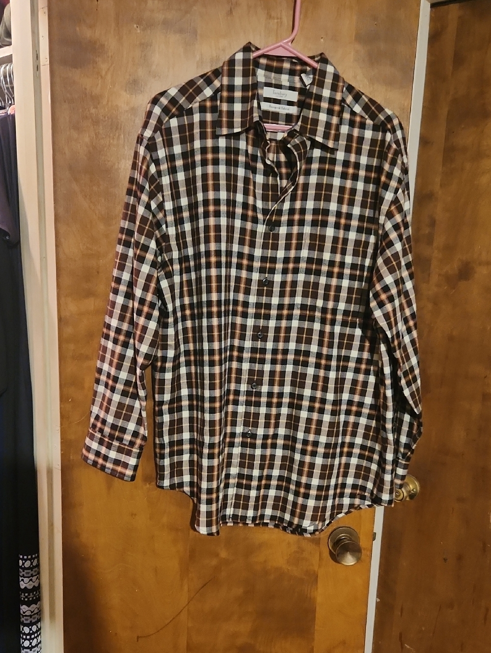Men's Brown and White Plaid Casual Button-Down Shirt